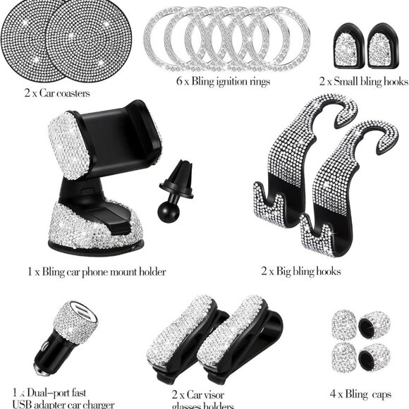 20 Pcs Bling Car Accessories Set - Silver Rhinestone Vehicle Accessories Set - Picture 7 of 7